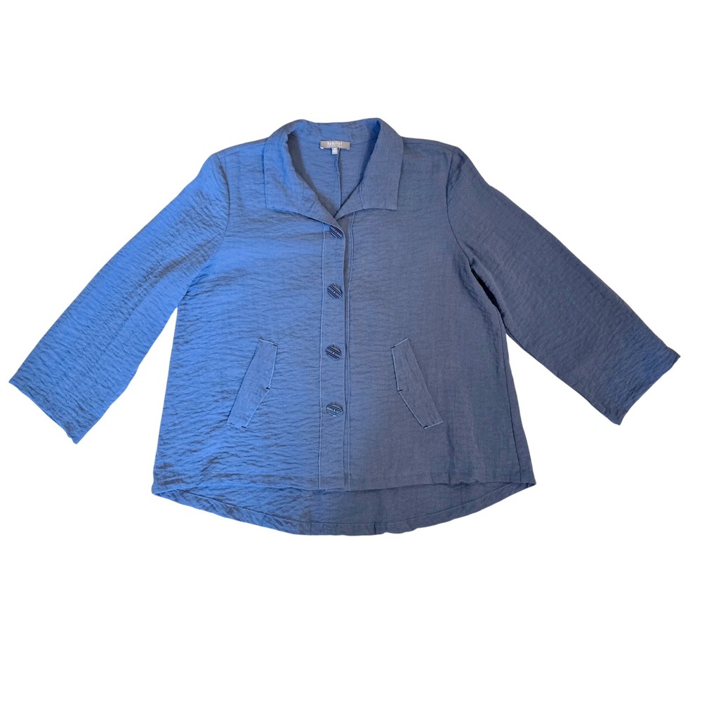 Habitat Woman's M Artsy Lagenlook Blue Crinkle Button Front Shacket High Low Hem